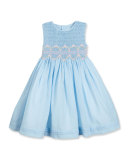 Sleeveless Floral-Trim Smocked Dress, Blue, Size 4-6X