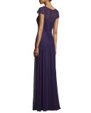 Beaded-Sleeve Pleated Crepe Gown, Plum