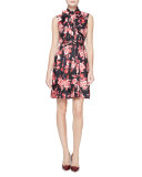 sleeveless tie-neck floral silk pleated dress, black