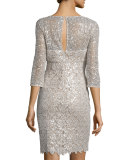 3/4-Sleeve Embellished-Lace Dress, Champagne