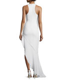 Sleeveless Asymmetric Ruffle-Hem Gown, White