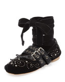 Velvet Ankle-Wrap Ballerina Flat, Nero