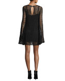 Long-Sleeve Macrame Mini Dress, Darkest Black