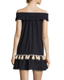 Gia Off-the-Shoulder Tassel-Trim Minidress, Dark Blue