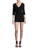 Farah Ruffle-Neck 3/4-Sleeve Romper, Noir