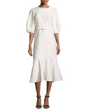 Belted Half-Sleeve Flounce-Hem Dress, Ivory