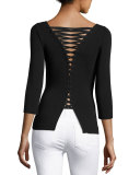 Cuba Libre Lace-Back Boat-Neck 3/4-Sleeve Top, Black