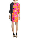 Floral 3/4-Sleeve Shift Dress, Dark Purple
