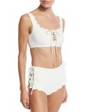 Palm Springs Scalloped Lace-Up Swim Top, White