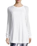 Openwork-Stitch Crewneck Raglan Sweater, Bianco