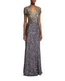 Short-Sleeve Ombre Sequined Gown, Gunmetal/Deco Gold