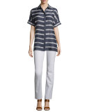Andra Short-Sleeve Striped Blouse, Blue Note Multi