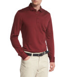 Herringbone Long-Sleeve Polo Shirt, Red
