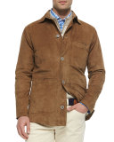 Suede Button-Front Shirt Jacket, Stone