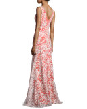 Sleeveless V-Neck Gown W/Embroidered Lace Overlay, Ivory/Orange 