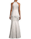 Sleeveless Metallic Brocade Gown, Silver