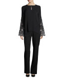 Weslee Long-Sleeve Embroidered Silk Blouse, Black