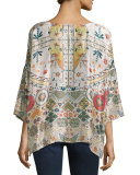 Emmy 3/4-Sleeve Printed Silk Boxy Top, Plus Size 