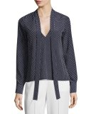 Priya Polka-Dot Tie-Neck Blouse, Blue/White