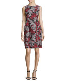 Sleeveless Graphic Lily-Print Dress, Blackberry