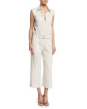 Linen-Blend Sleeveless Belted Utility Jumpsuit