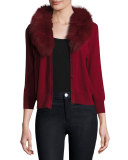 V-Neck Wool Cardigan w/ Fox Fur Collar, Bordeaux