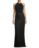 Sleeveless Beaded Fringe Column Gown, Black/Gold