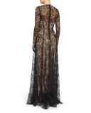 Long-Sleeve Floral-Lace Gown, Black