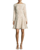 Long-Sleeve Ornamental Fit-&-Flare Dress, Tan/Ivory