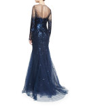Long-Sleeve Degrade Sequin Illusion Gown, Navy