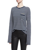 Long-Sleeve Striped Jersey Tee, Blanc/Mar