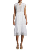 Sleeveless Pintucked Lace-Trim Midi Dress, White