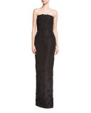 Strapless Faille Column Gown w/3D Floral Appliques, Black/Cerise 