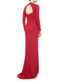 Long-Sleeve Crystal-Collar Gown, Dark Tivoli Red