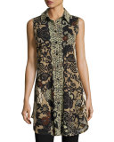 Sleeveless Button-Front Tulle Tunic, Black Pattern