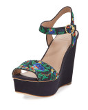 Sonoma Embroidered 120mm Wedge Sandal, Tory Navy/Multi/Green