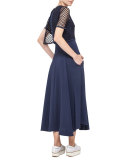 Sleeveless Maxi Dress with Mesh Overlay, Navy