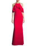 Ruffle-Trim Ponte Popover Gown, Red