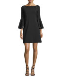 Bell-Sleeve Ponte A-Line Dress, Black
