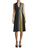 Sleeveless V-Neck Lace-Inset Dress, Black/Ivory/Yellow