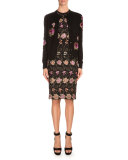 Sleeveless Floral-Embroidered Sheath Dress, Black