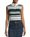 Sleeveless Rib Striped Mock-Neck Sweater, Spruce/Blanc