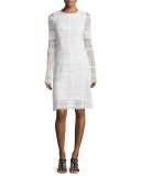 Long-Sleeve Banded-Lace Sheath Dress, White