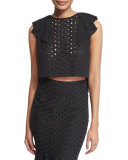 Ruffle-Trim Eyelet Crop Top, Black