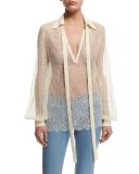 Long-Sleeve Self-Tie Sheer Lace Blouse, Vanilla