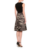 Sleeveless V-Neck Dress W/Animal-Print Skirt, Black