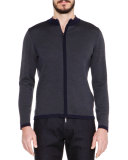 Tipped Zip-Up Wool Cardigan, Navy
