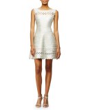 Sleeveless Fit-and-Flare Bandage-Knit Dress, Silver