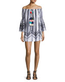 Rio Striped Off-the-Shoulder Tassel-Trim Mini Dress, White/Multicolor