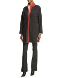 Collarless Contrast-Trimmed Wool-Blend Coat, Smoke/Carnelian